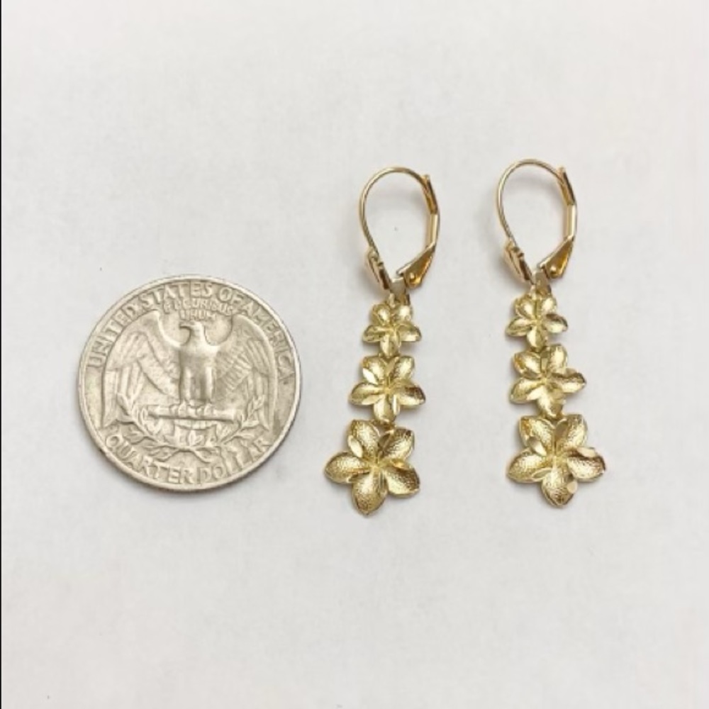 14k Solid Gold Elegant Plumeria Flower Earrings - Picture 9 of 9